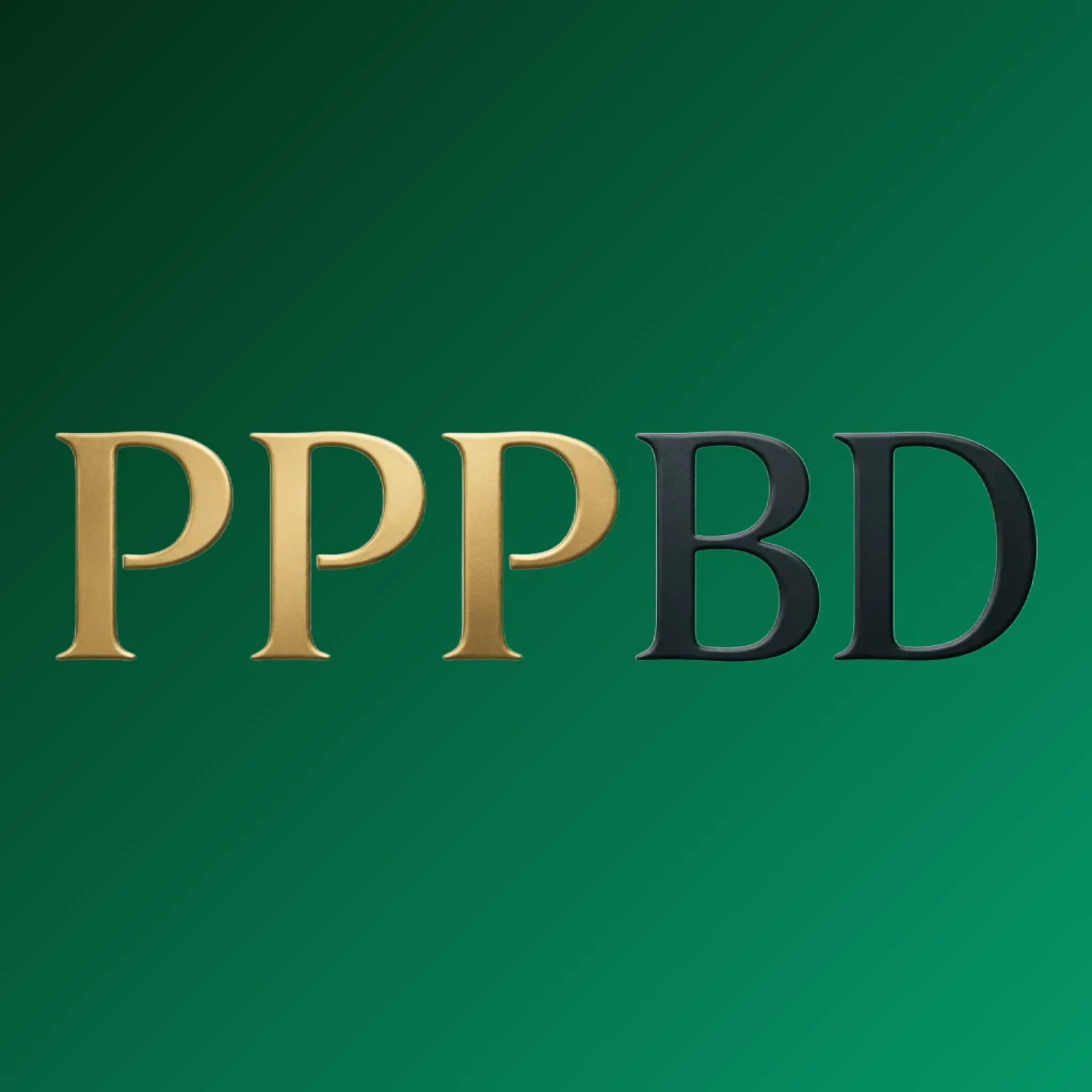 Luxury horizontal rectangular wordmark logo for PPPBD featuring elegant serif typography in gold and black with minimal ornament details on a transparent background