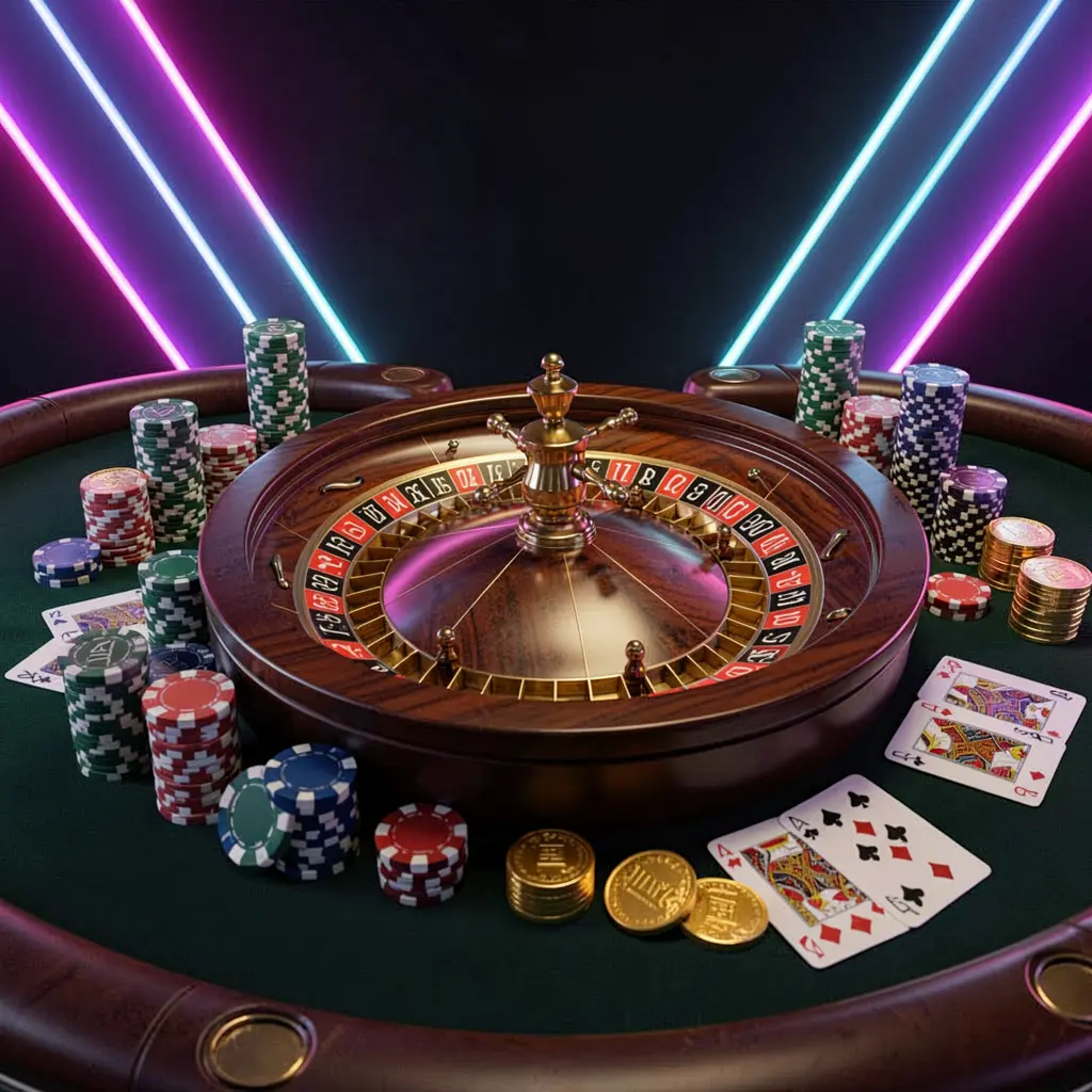 PPPBD online casino homepage hero banner featuring a luxury casino table with a roulette wheel, poker chips, playing cards, and golden coins on a dark premium background with neon glow in a cinematic 3D render